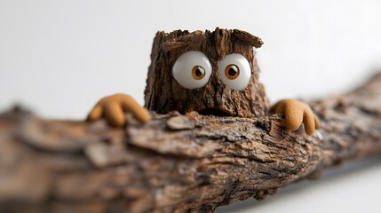 Worried Wooden Stump with Big Eyes Hiding Behind Log