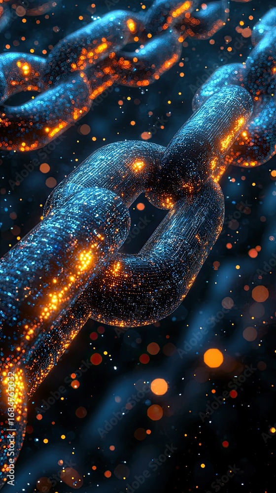 Aufkleber representation base components concept, futuristic glowing chain links with sparkling particles in d