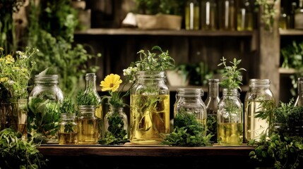 Rustic wooden table adorned with assorted bottles and jars of cosmetic product made from natural ingredients
