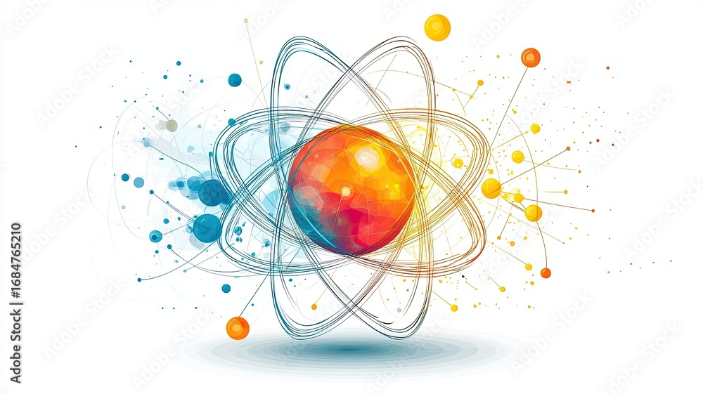 Poster representation base components concept, vibrant abstract representation of atomic structure and ener