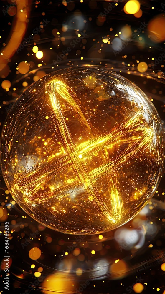 Poster representation base components concept, glowing abstract sphere with dynamic light effects and spark