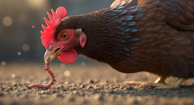 Brown chicken eating worm close up