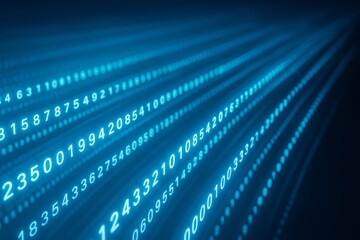 Abstract digital background with glowing blue numbers forming curved light trails against a dark backdrop, representing data science and technology.