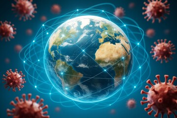 Planet Earth surrounded by digital communication lines and virus particles on blue background, symbolizing global pandemic and data spread concept.