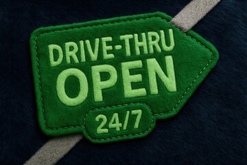 Drive-thru OPEN 24/7 signage banner, felt texture design, vibrant retail promotion offer.