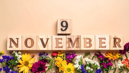 Wooden Blocks with Date 9 November. Floral Calendar – Vibrant Flowers on Solid Colored Background