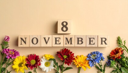 Wooden Blocks with Date 8 November. Floral Calendar – Vibrant Flowers on Solid Colored Background