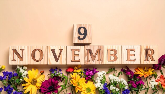 Wooden Blocks with Date 9 November. Floral Calendar – Vibrant Flowers on Solid Colored Background