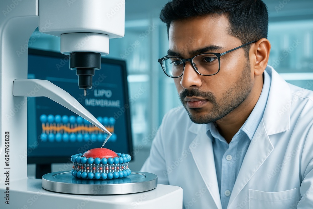 Poster scientist analyzing lipid membrane structure using advanced microscope in modern laboratory with dig
