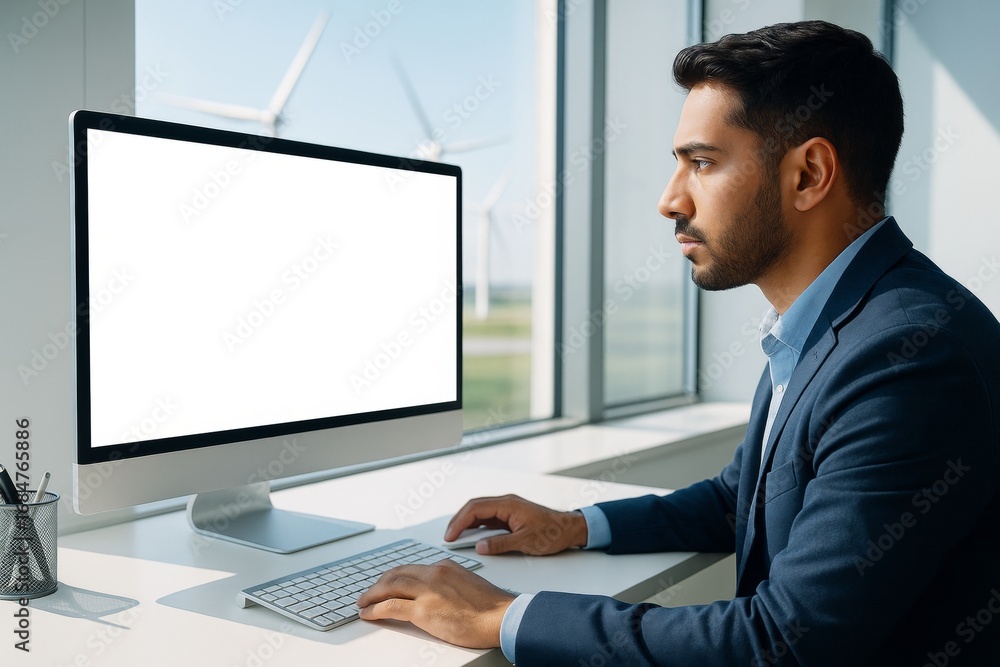 Poster business professional working on desktop computer with blank white screen in modern office near wind