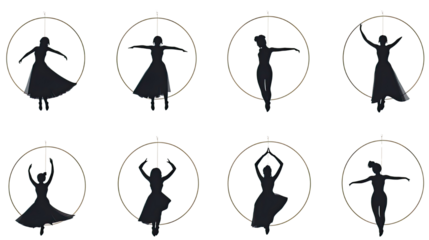 Elegant Ballet Dancers Silhouettes Performing Dance Poses Isolated on White Background