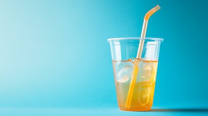 Glass cup with cane juice and plastic on blue background