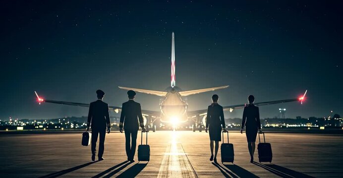 Airline Crew Walking Toward Airplane at Night Career and Teamwork