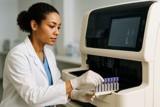 Female lab technician placing blood samples into automated analyzer machine in modern medical laboratory for diagnostic testing on light background. Ai generative