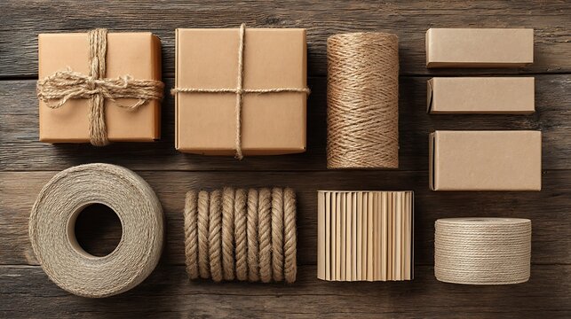 Rustic Packaging Materials: Boxes, Twine, and Rope on Wood