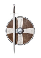 sword and wooden shield  isolated on white