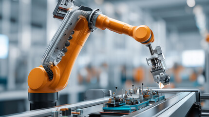 Industrial robotic arm assembling electronic components on a high-tech automated production line in a factory
