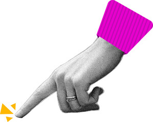 Digital collage modern art. Hand reaching out, pointing
