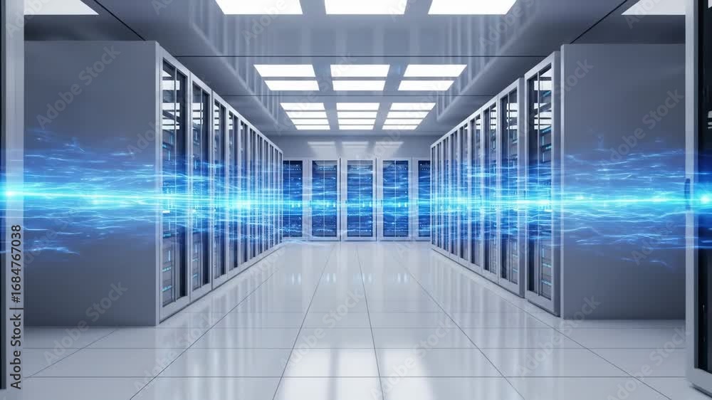 Poster data center servers with glowing blue light. big data information flow. internet connection, cloud c