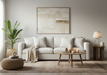 Fototapeta premium Modern living room interior with a white couch, wooden coffee table and a tropical green plant on white wall background. Home design concept in a minimalist interior design for banner.