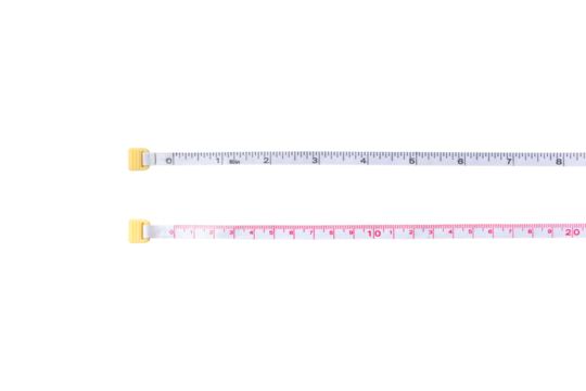 Flexible measuring tape with clear dual scale markings in inches and centimeters, used for sewing, tailoring, crafts, and accurate body measurements, isolated on transparent background - Powered by Adobe
