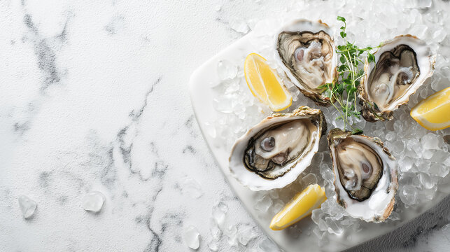 Fresh oysters on half shell served on ice with lemon wedges and herbs on marble background
