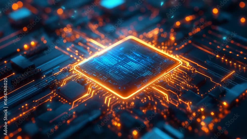 Poster cpu processing data on motherboard with orange lights