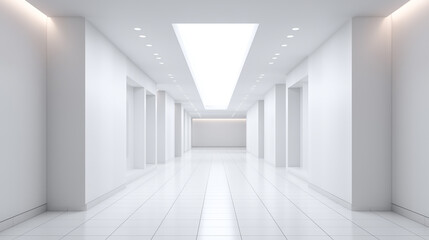 Obraz premium Bright Futuristic White Hallway with Symmetrical Design, Recessed Lighting, and Glossy Tiled Floor 