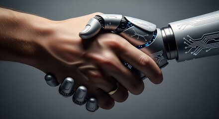 Humanoid Robot Handshakes With Human Hand Symbolizing Partnership Progress Innovation Future