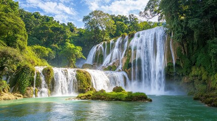 Obraz premium Lush green jungle waterfall cascading into turquoise pool.