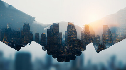 Double Exposure of Handshake with City Skyline at Sunset, Symbolizing Business Partnership, Cooperation, and Urban Development
