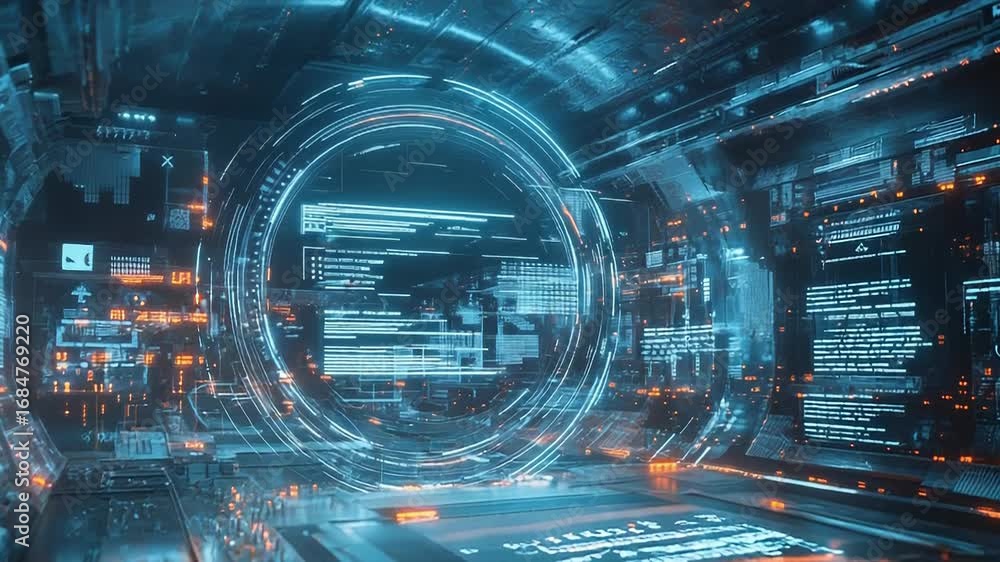 Poster futuristic server room with holographic data stream displaying information