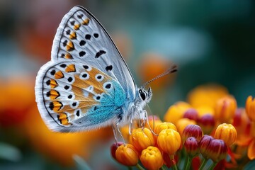 Obraz premium Butterfly with blue and white wings on orange flowers