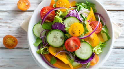 Colorful Fresh Vegetable Salad with Cherry Tomatoes, Cucumber, Bell Pepper, Red Onion, and Mixed Greens in White Bowl

