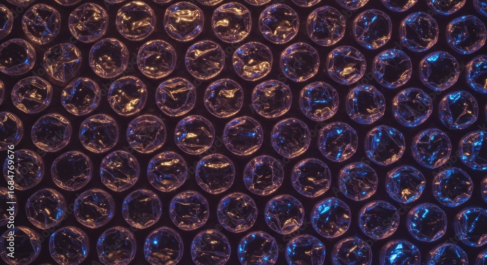 Poster close-up view of a pattern of circular air bubbles, iridescent with a blend of purple and blue hues,