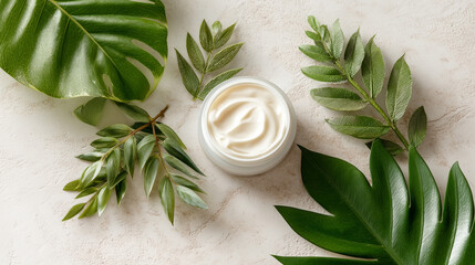 Top View of Natural Face Cream in Jar Surrounded by Tropical Green Leaves on Light Beige Background
