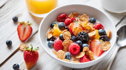 Healthy Breakfast Bowl with Cornflakes, Fresh Strawberries, Blueberries, Raspberries, Blackberries, and Milk on Wooden Table
