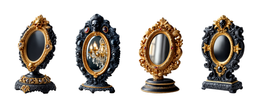 Set of Ornate Baroque Style Mirrors with Gold and Black Frames on Transparent Background