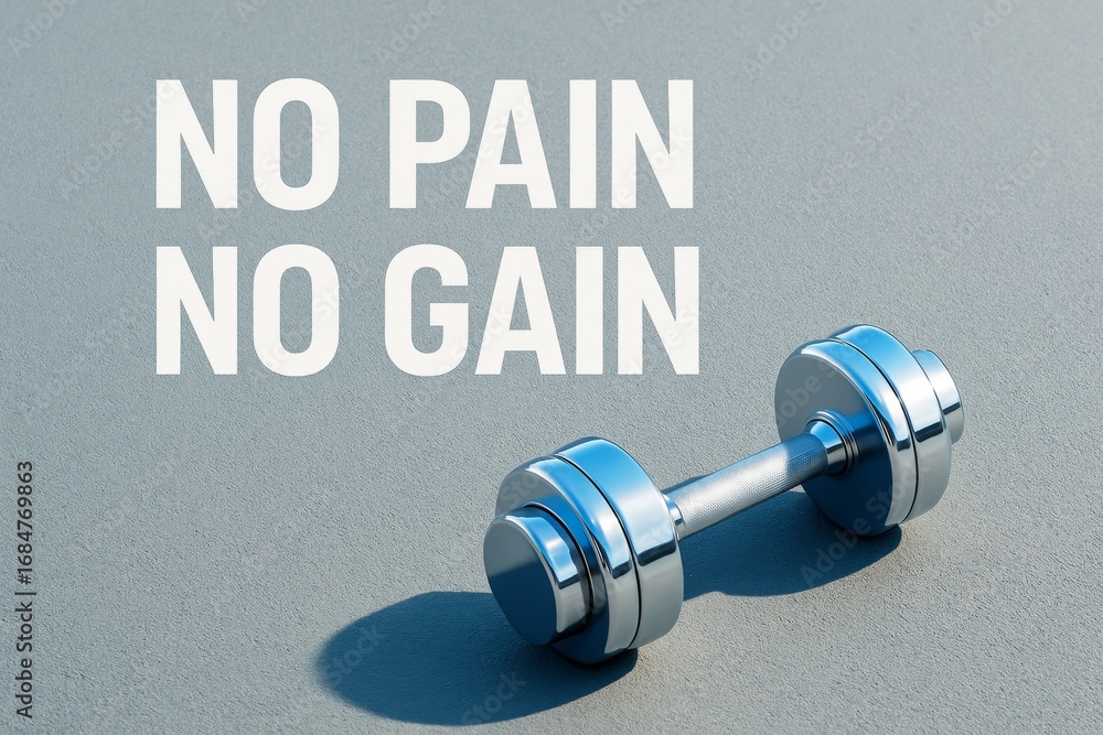 Aufkleber metallic dumbbell casting shadow on textured light background beside bold motivational quote no pain