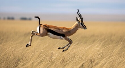 Thomson's Gazelle in Mid-Leap Across Golden Grassland