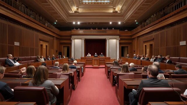 A large room with people sitting in chairs. The chairs are arranged in rows. Wide shot faceless senate chamber during voting session, vote-a-rama documentary muted