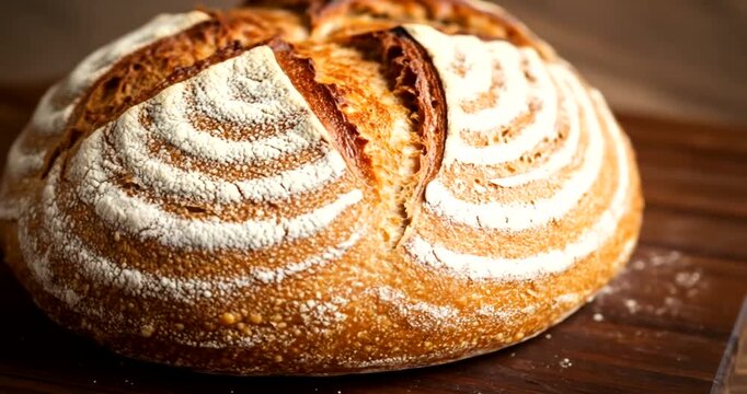 Close-up view of a freshly baked sourdough loaf, showcasing its intricate crust and delicate textures.