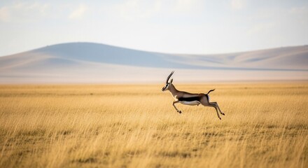 Thomson's Gazelle Leaping Across Golden Grassland, Tanzania, Africa