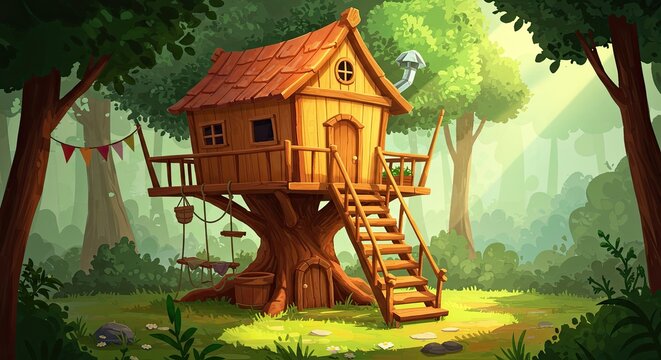 Cartoon Treehouse in Green Forest with Wooden Stairs and Playful Decorations