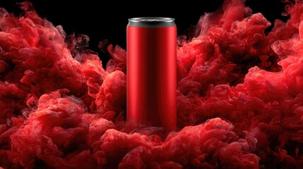 Red can amidst swirling red ink clouds