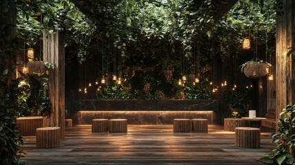 Lush indoor jungle bar with wooden seating and hanging lights.