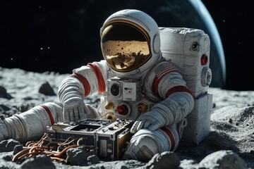 A space explorer is performing scientific experiments on the Moon's surface while the Earth is seen in the distance