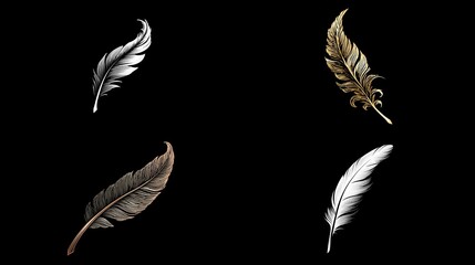 Four stylized feathers, silver, gold, dark brown, and white, rendered against a black background; each feather is uniquely detailed, showcasing intricate textures and curves