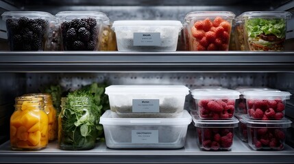Organized refrigerator shelves filled with diverse fresh and healthy meal prep containers and jars of colorful produce