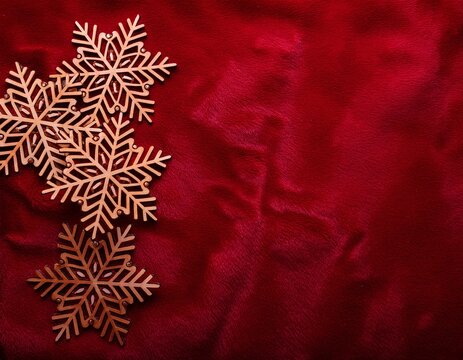 Wooden red snowflake decorations on red velvet background with copy space. Generated image - Powered by Adobe